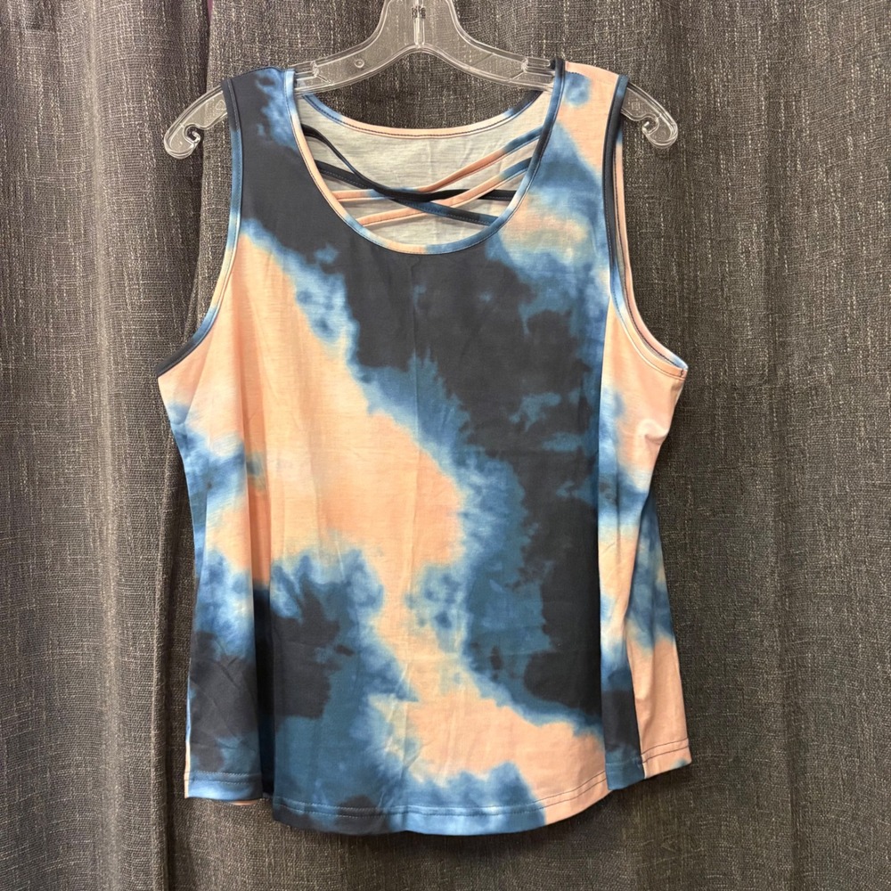 Blue Pink Tie Dye Criss Cross Neck Tank Top Sleeveless Stretch Shirt (Women XL)